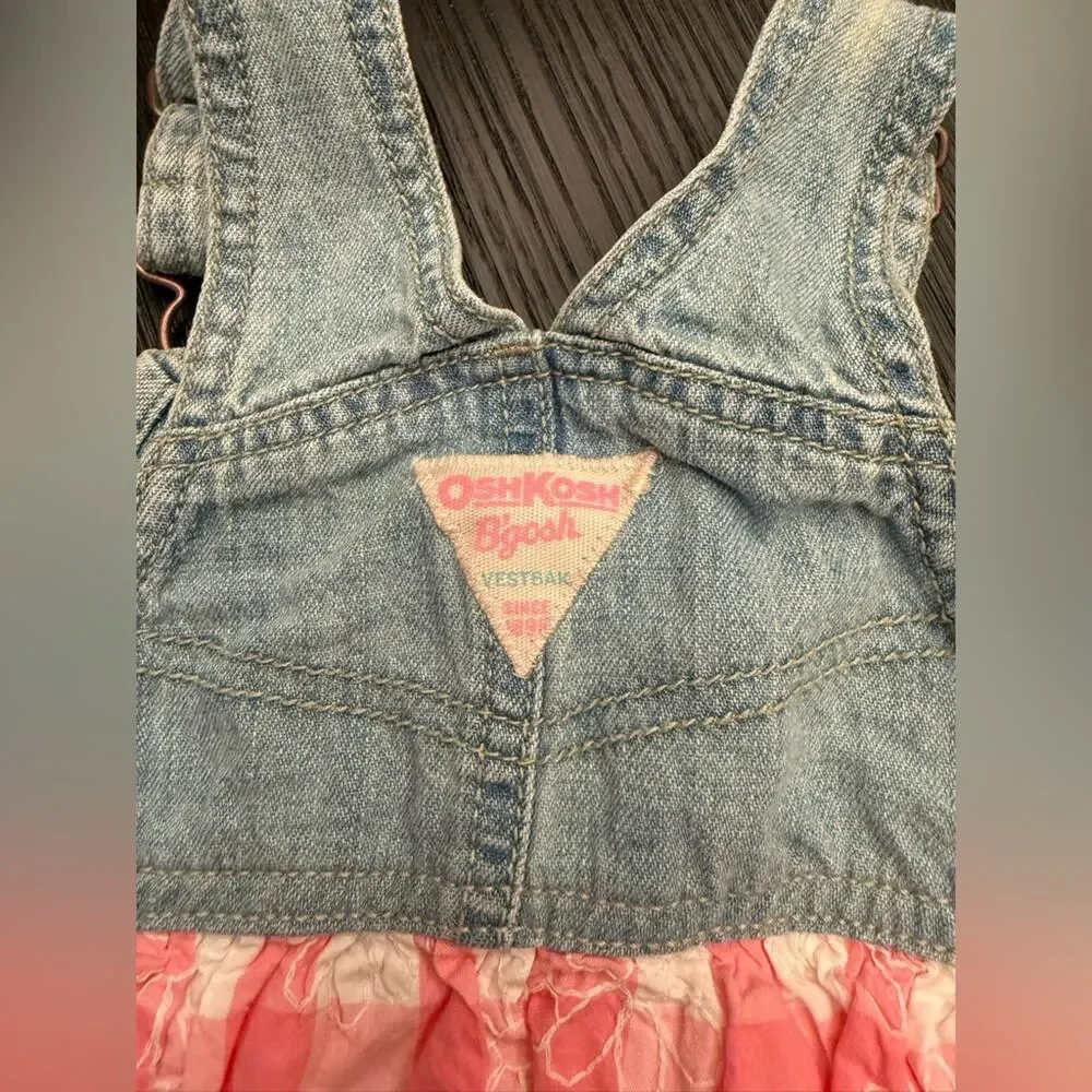 Vintage OshKosh B'gosh VestBak Denim Gingham Pink Bubble Dress Girls 6 Months